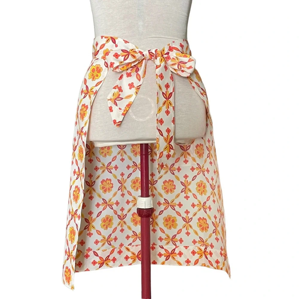 Hand Crafted Hostess Apron MCM White with Autumn Colors Geometric Floral Vintage